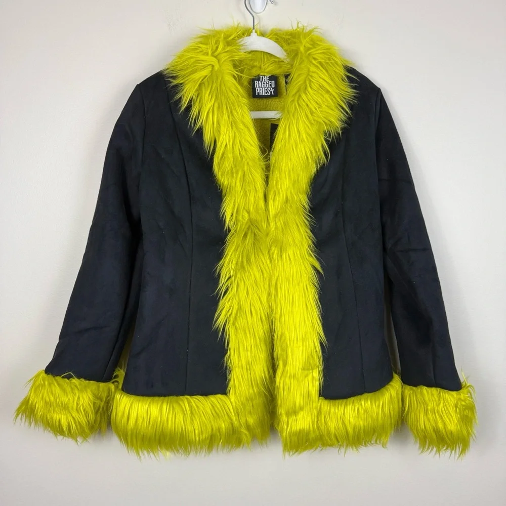 The Ragged Priest Warhol Faux Fur Coat Womens 6 Black Green Dolls Kill Jacket - Picture 11 of 12